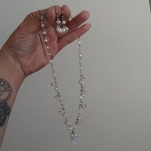 Dainty beaded bib necklace with teardrop pendants and matching earrings